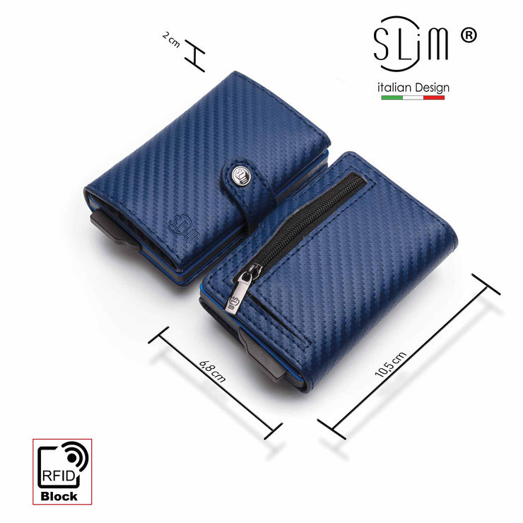 Porta Carte Carbon Blu con zip porta monete pelle PU