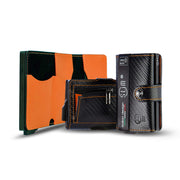 Porta Carte Vera Pelle Carbon Style Nero/Arancio con zip