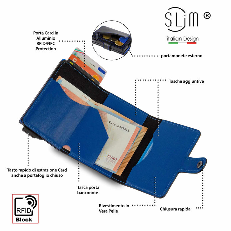 Porta Carte Vera Pelle Carbon Style Nero/Blu con zip